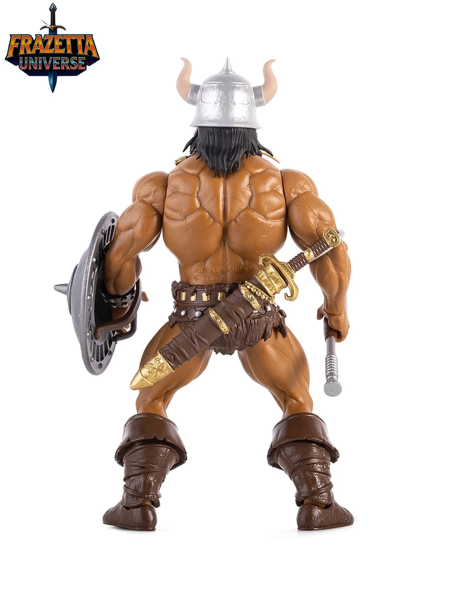 Action figure of a muscular warrior with armor and weapons, branded 'Frazetta Universe'.