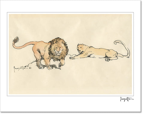 Lion ink and watercolor print
