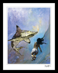 FrazettaGirls Art Print Framed print / Stretched on wooden bar / 18x24 Requiem for a Shark Print