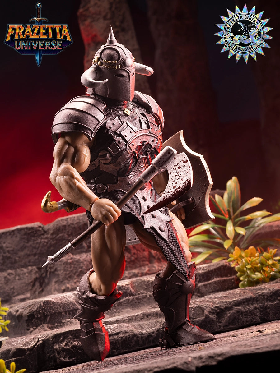Figure in armor holding a weapon on stone steps with 'Frazetta Universe' branding.