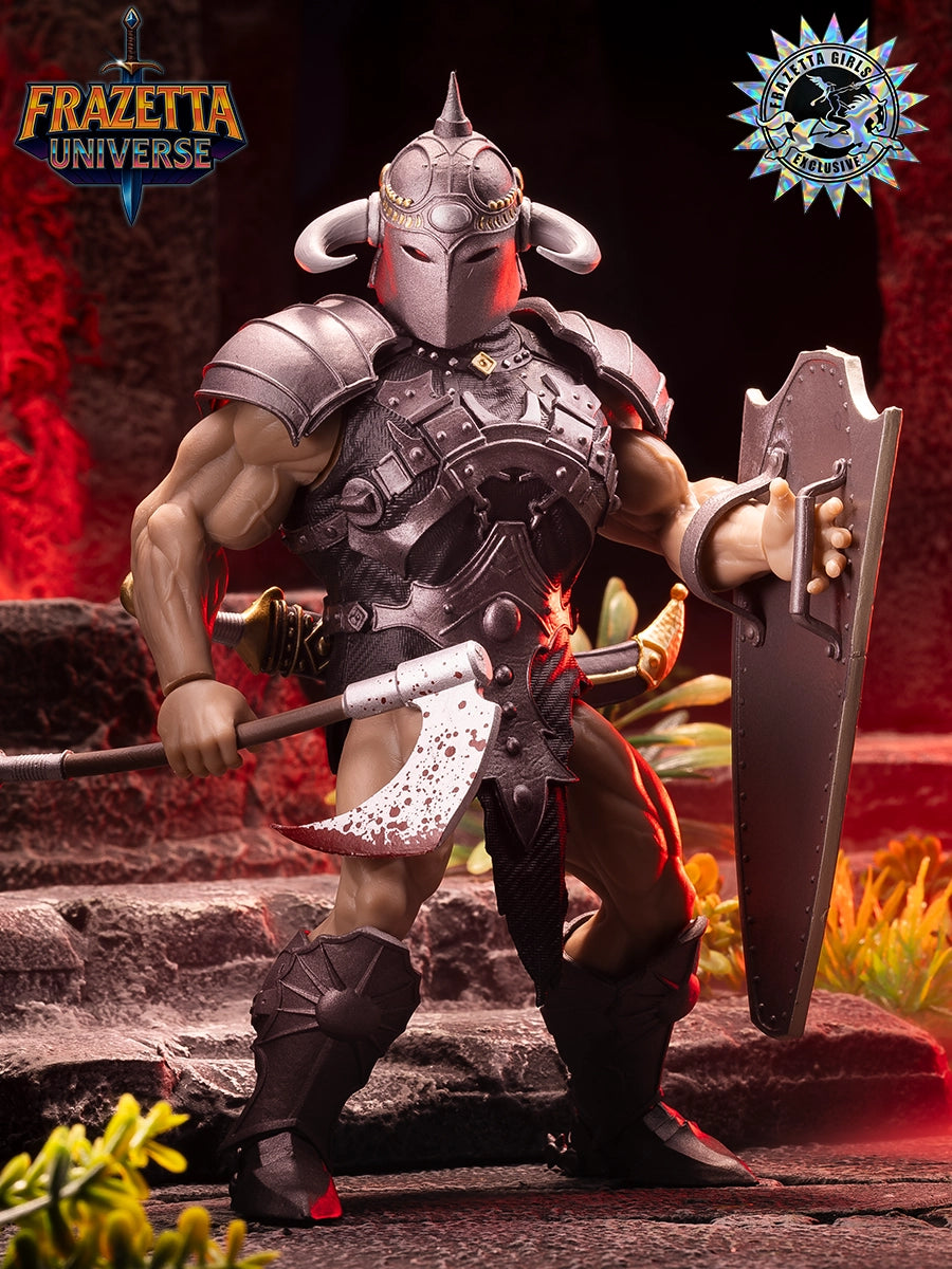 Action figure with armor and weapon in a fantasy setting, featuring Frazetta Universe branding.