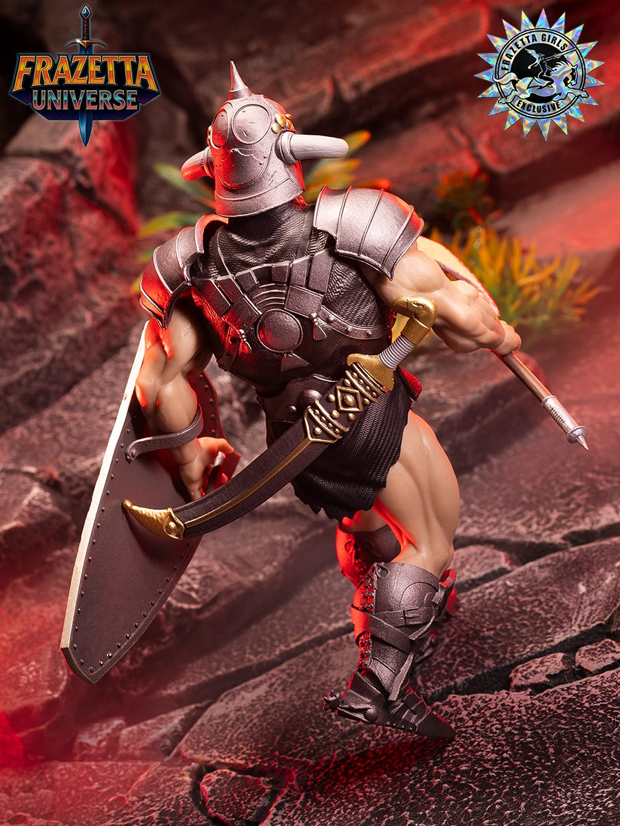 Action figure in armor with a weapon on a rocky surface, Frazetta Universe branding visible
