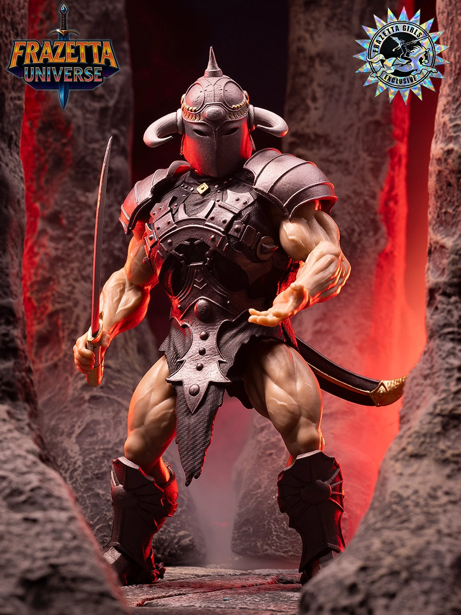 Action figure in warrior costume with Frazetta Universe logo in the corner