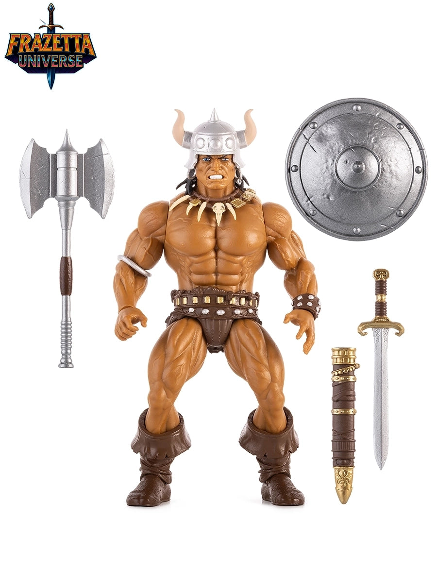 Muscular action figure with accessories on a white background, featuring Frazetta Universe logo.