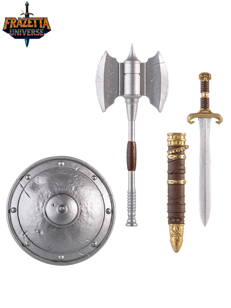 Medieval weapon set including an axe, sword, and shield with Frazetta Universe logo.