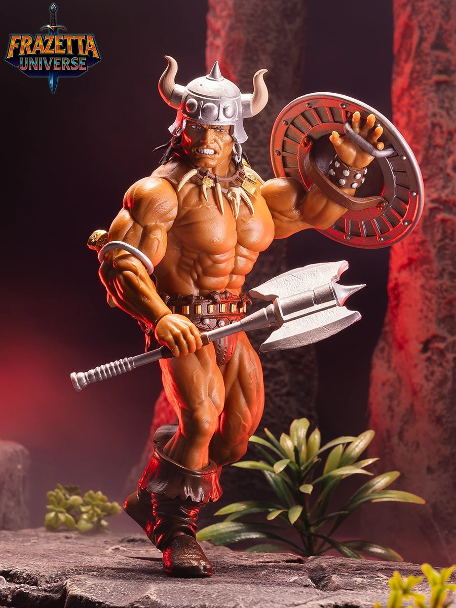 Muscular figure with armor and weapons in a fantasy setting, featuring Frazetta Universe branding.