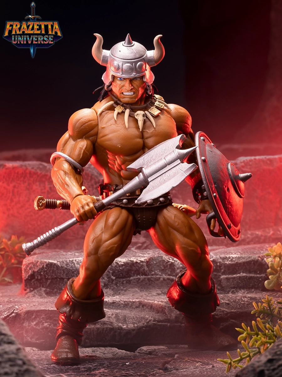 Action figure of a warrior with armor and weapons, standing on a rocky surface with 'Frazetta Universe' branding.