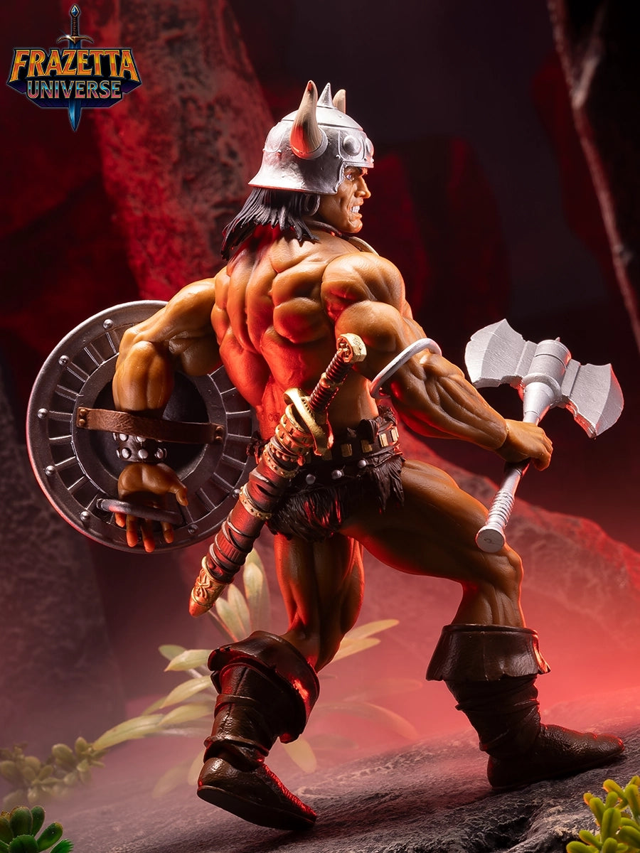 Frazetta Universe action figure with armor, axe, and shield on a dark background
