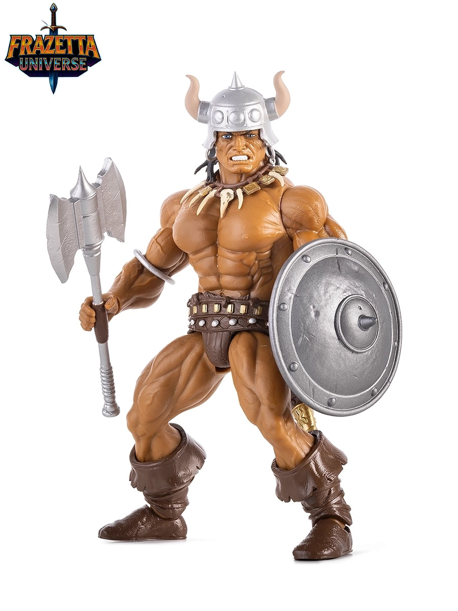 Action figure of a muscular character with armor, axe, and shield on a white background, branded 'Frazetta Universe'.