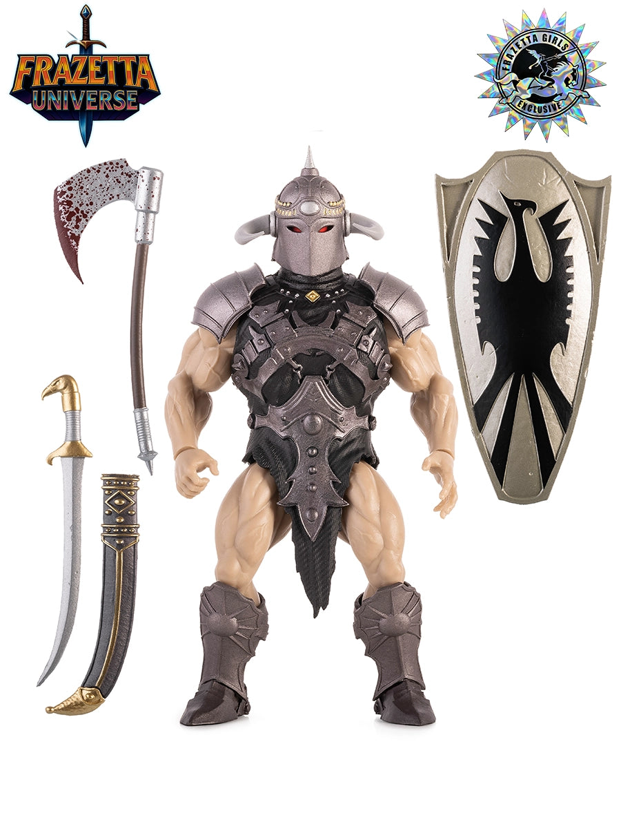 Frank Frazetta retro fantasy action figure of a warrior with armor, weapons, and shield