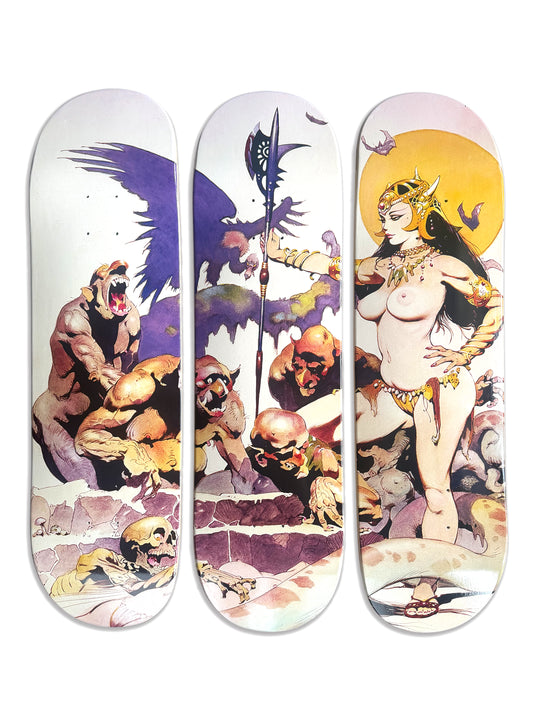 Frank Frazetta’s Ghoul Queen artwork split across three skateboard decks