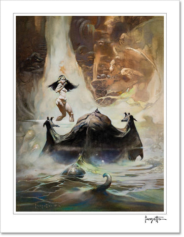 Frazetta Girls, LLC  Art Print Fine art print / Stretched on wooden bar / 18x24 At The Earth's Core Print