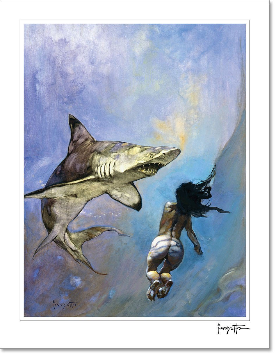 FrazettaGirls Art Print Fine art print / Stretched on wooden bar / 18x24 Requiem for a Shark Print