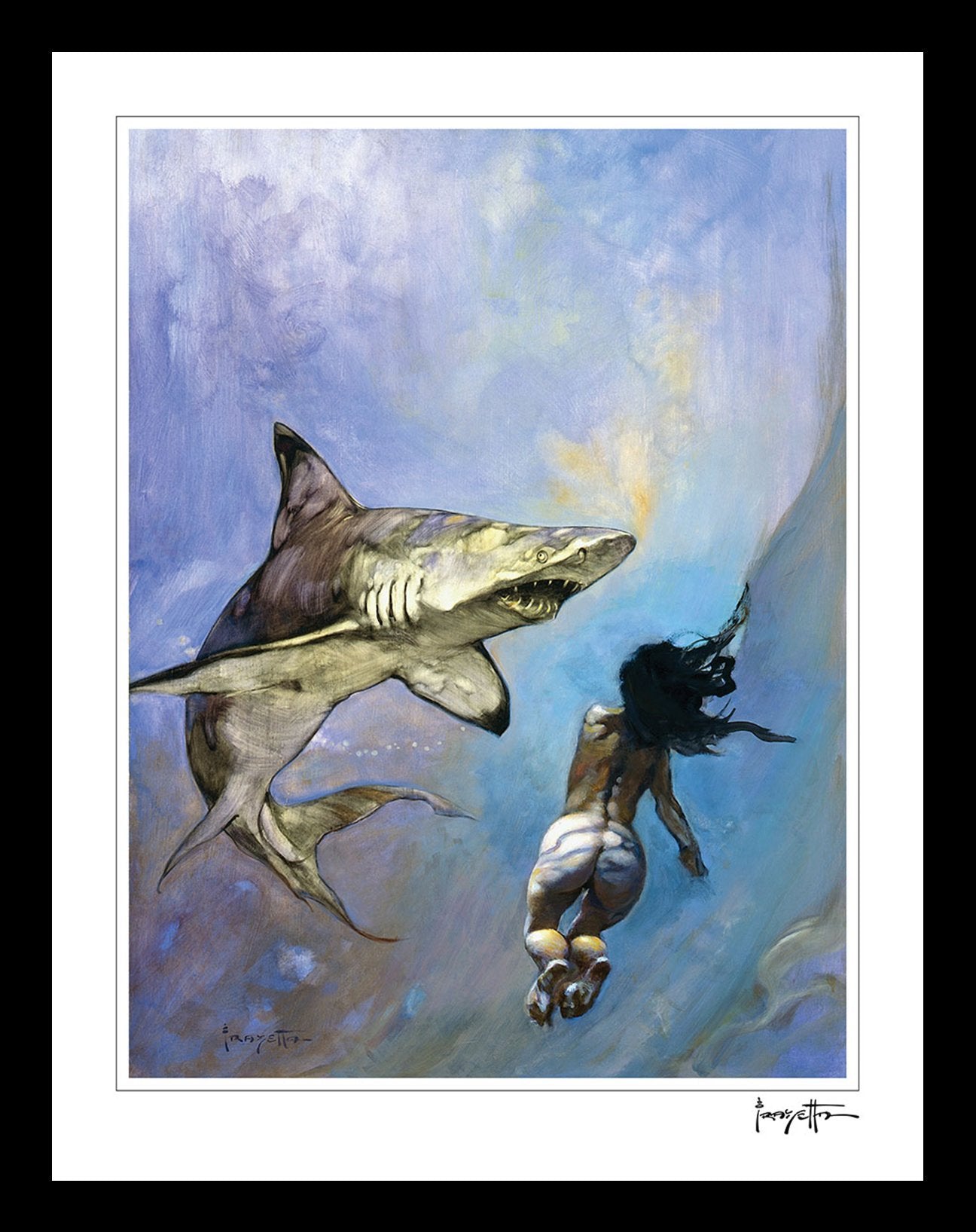 FrazettaGirls Art Print Framed print / Stretched on wooden bar / 18x24 Requiem for a Shark Print